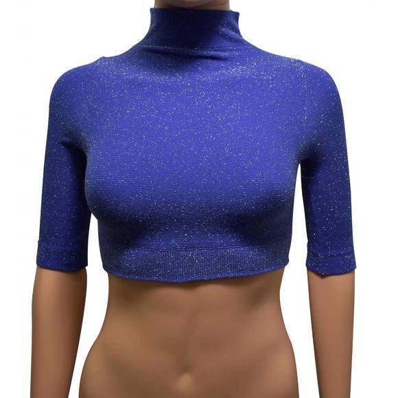 NEW PHAT BUDDHA women mock neck metallic stretch crop top in blue - Picture 1 of 1
